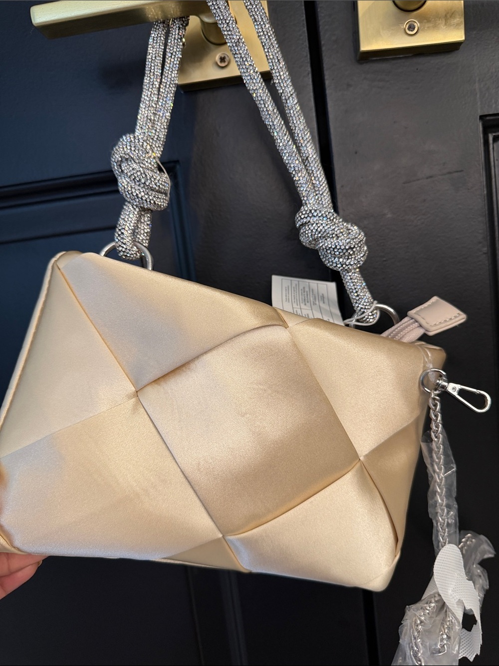 Urban Expressions Champagne Woven Satin Crossbody Bag with Sparkle Knot Strap